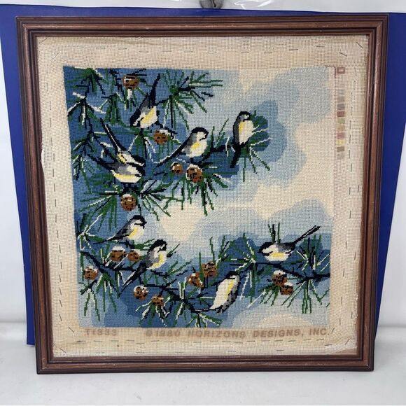 1980 Wood Framed Chickadee  Needlepoint Art (no glass) - Picture 1 of 9